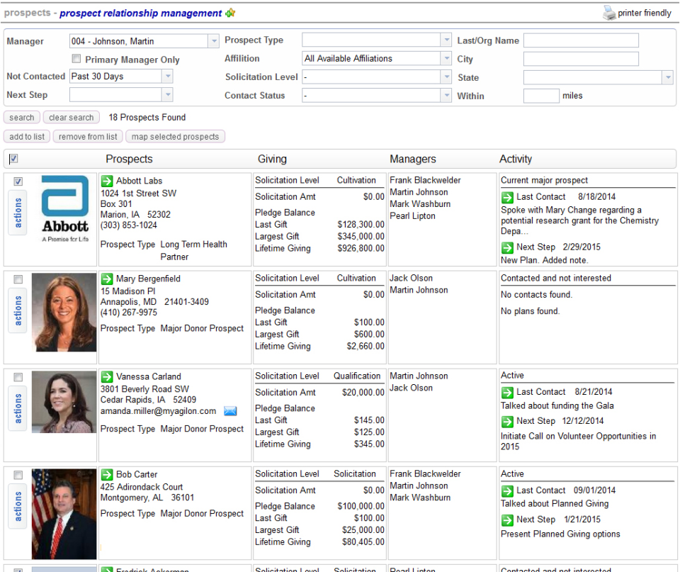 screenshot of Agilon One Donor CRM